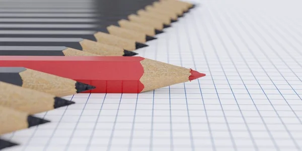 One red pencil and other black pencils in a row. 3D rendered ill — Stock Photo, Image