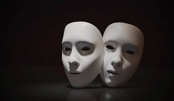 Masques de théâtre blanc sur fond noir. Illustration 3D — Photo