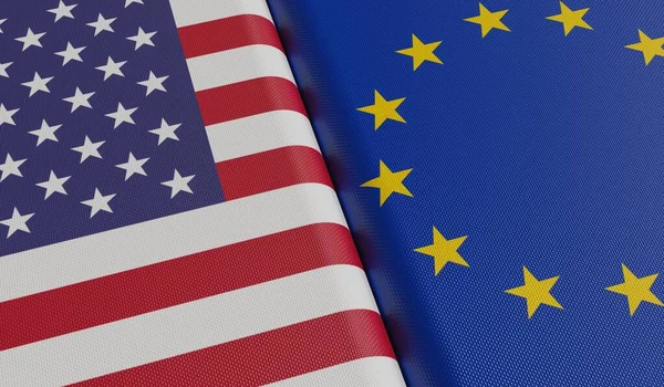 Flagi USA i Unii Europejskiej. 3d ilustracja renderowana. — Zdjęcie stockowe