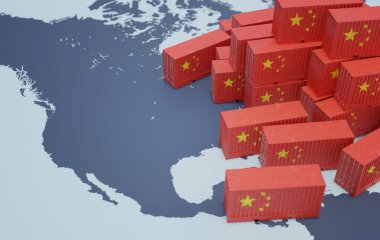 Usa haritasındaki Çin kargo konteynerleri. Çin mallarının ithalatı 