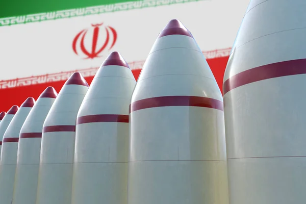 许多导弹已准备发射。 背景为伊朗国旗。 3d tear — 图库照片