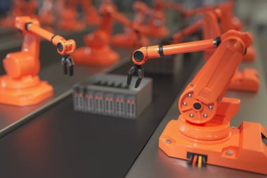 Fabrikada robotik silahlar. Sanayi 4.0 konsepti. 3d işlenmiş illus