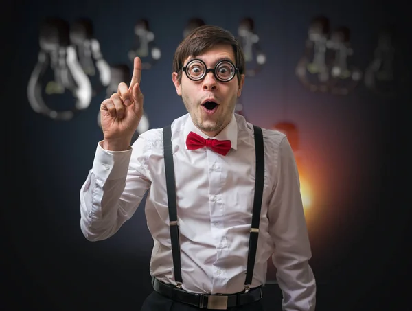 Nerd genius have an idea. Funny man with raised finger. — Stock Photo, Image