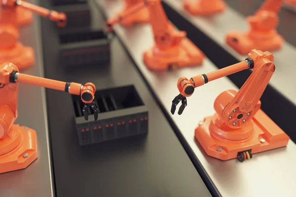 Роботизированное оружие на заводе. Концепция Индустрия 4.0. 3D-рендеринг — стоковое фото