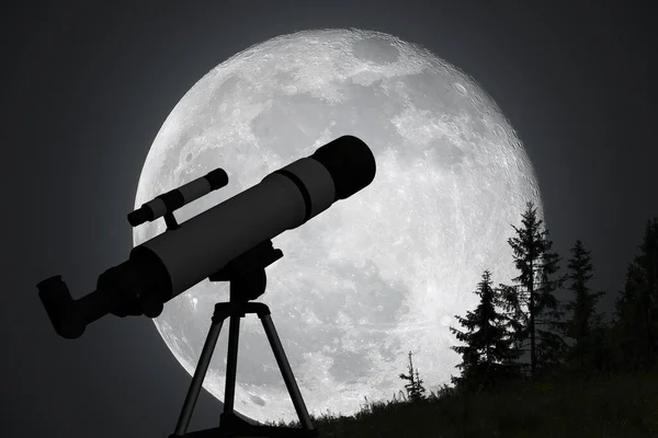 Silueta Telescopio Luna Grande Fondo Astronomía Exploración Del Concepto Universal —  Fotos de Stock