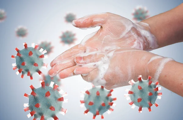 Hygienkonceptet Kvinnan Tvättar Händerna Många Virus Runt Omkring — Stockfoto