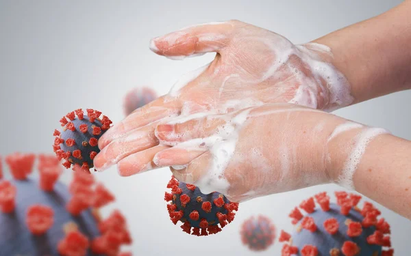 Koncepcja Higieny Kobieta Myje Ręce Wokół Wiele Wirusów — Zdjęcie stockowe