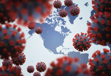 Salgın hastalık konsepti. ABD 'de Coronavirus salgını. Amerika haritasının üzerinde birçok virüs var. 3 Boyutlu resimleme.