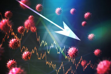 Virüsün küresel ekonomi üzerindeki ekonomik etkisi. Ekonomik durgunluk ve finansal kriz kavramı. 3d resimlendirme.