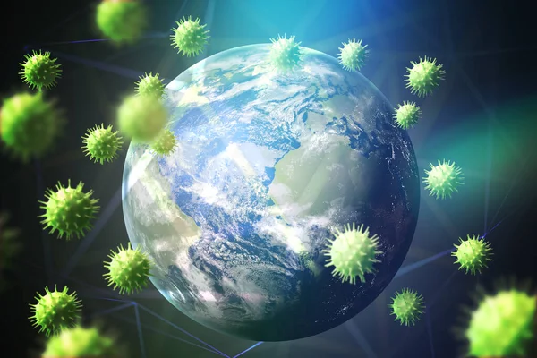 Coronavirus全球大流行病概念 许多导致Covid 19疾病的病毒在地球上四处传播 — 图库照片