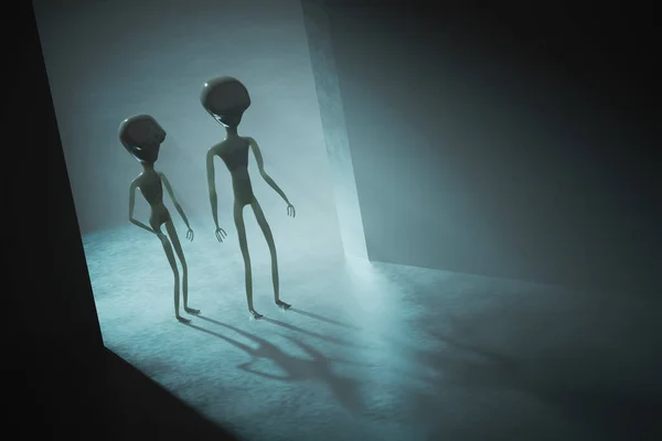 Siluetas Alienígenas Espeluznantes Luz Brillante Fondo Ilustración Renderizada — Foto de Stock