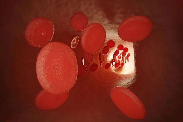Close-up view on red blood cells in human vein. 3D rendered illustration.