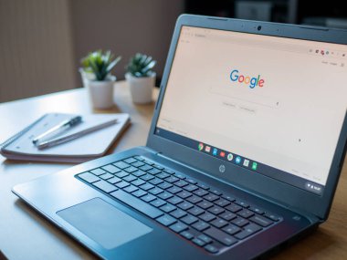 March 2020, UK: Google search engine on home page of HP chromebook