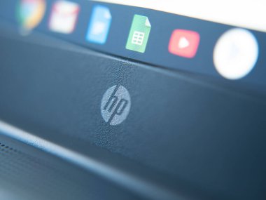 March 2020, UK: HP hewlett packard logo on laptop close up chromebook chrome os with google apps