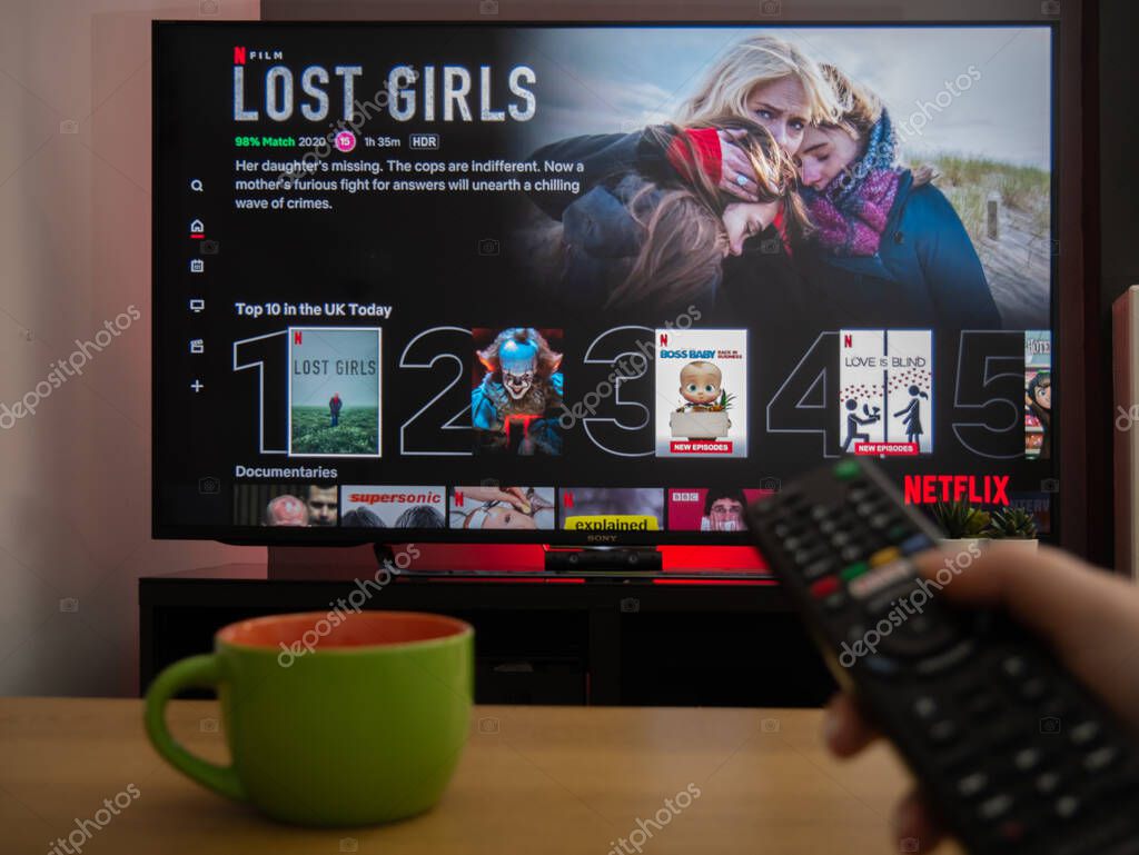 UK, March 2020: TV Television netflix favourites menu on screen