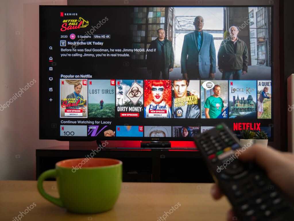 UK, March 2020: TV Television Netlfix menu with remote