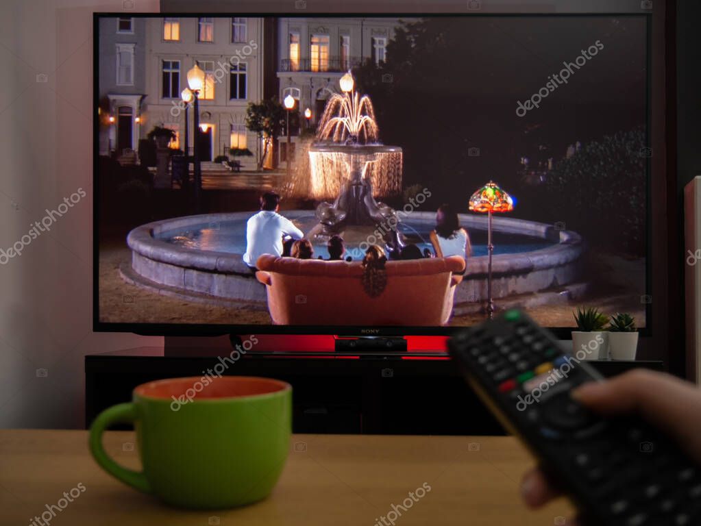 UK, March 2020: TV Television Friends sitcom opening sequence playing on screen