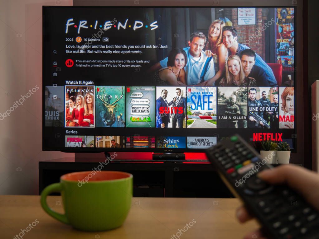 UK, March 2020: TV Television Friends TV sitcom on netflix screen