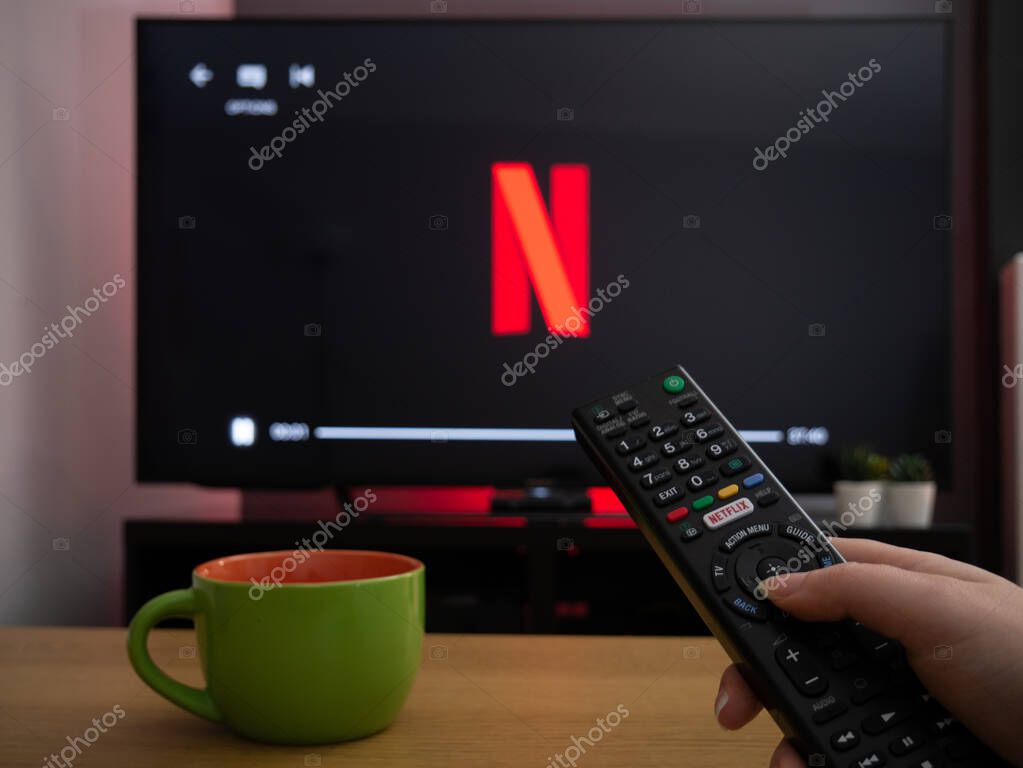 UK, March 2020: TV Television Netflix logo at home living room