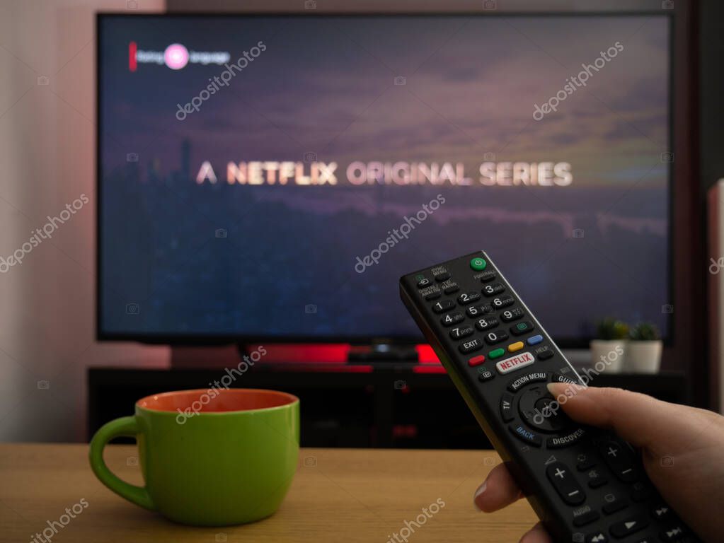 UK, March 2020: TV Television netflix original series screen at home