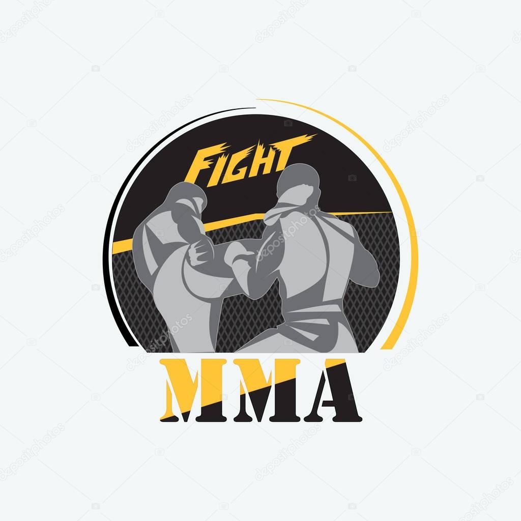 Emblem for mixed martial arts. Two athletes in the pentagon are fighting. Contour drawing of silhouettes.