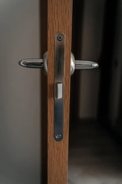 Door lock and wooden door close-up. Chrome door handle