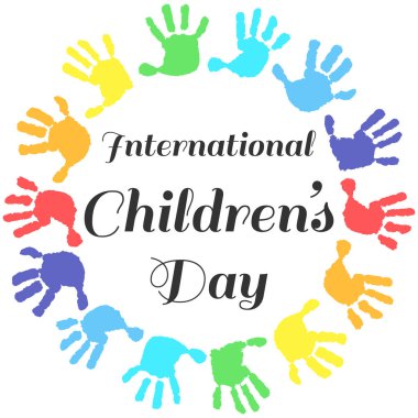 Uluslararası Çocuk Günü 'nün içinde yazılı bir el izi çemberi. Mutlu Çocuklar Günü 'nde çocukların renkli parmak izleri ikonu. Yuvarlak bir çerçeve oluşturmak için bir şablon.