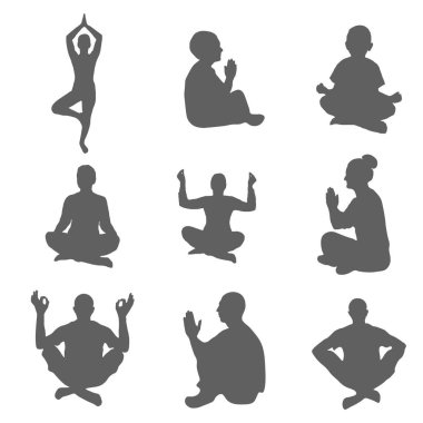 Farklı pozlarda yoga yapan aile üyelerinin siluetleri. Erkekler, kadınlar ve çocuklar, baba, anne ve oğul tarafından rahatlama dersleri ve meditasyon. Beyaz arkaplandaki izole vektör.