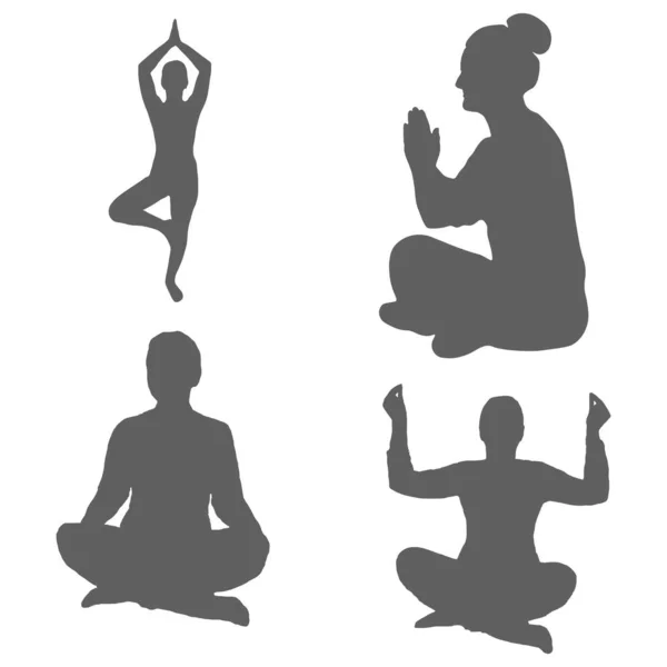 Silhouetten Einer Frau Die Yoga Verschiedenen Posen Betreibt Durchführung Von — Stockvektor