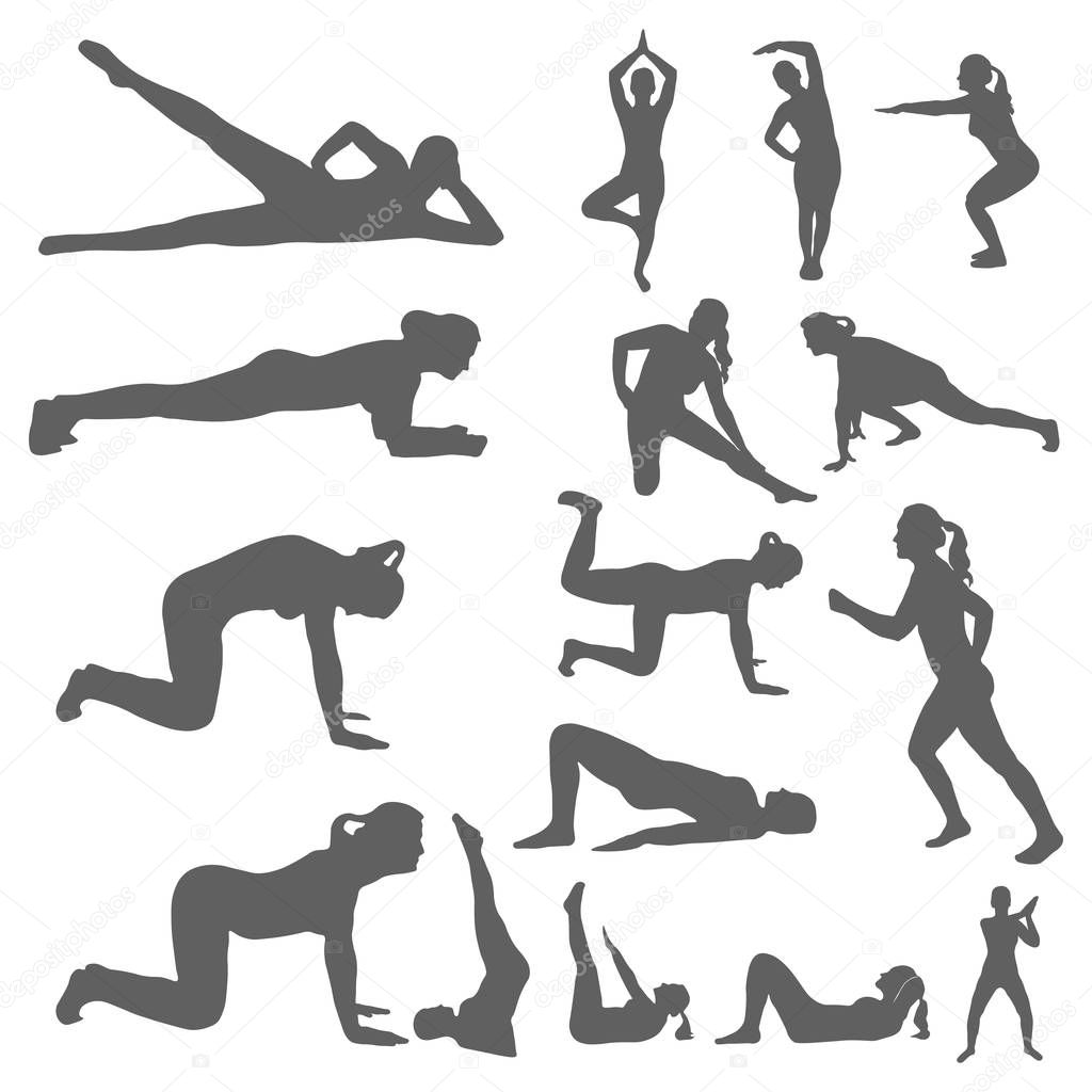 Set of silhouettes of a women engaged sports, fitness, yoga and pilates. Performing physical exercises by a girl and outdoor activities. Healthy lifestyle. Isolated vector on a white background.