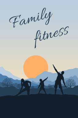Aile sporları ve açık hava aktiviteleri. İnsanlar doğada fitness yapar, dağların ve güneşin arka planında fiziksel egzersizler yaparlar. Çocuklar ve ebeveynler aktif ve sağlıklı bir hayat sürüyorlar. Düz vektör.