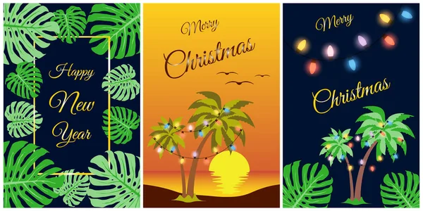 Tropical Christmas Palm Tree Foliage Set Greeting Cards Summer Beach — Stock Vector