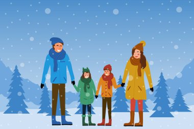 Orman ve dağ manzarasının arka planında, kış doğasında bir aile. Baba, anne, oğul ve kız el ele tutuşuyorlar. Noel kartları ve pankartlar için mutlu insanlarla vektör kavramı.