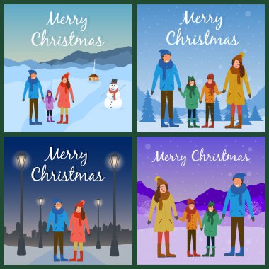 Noel için dışarıda insanlarla sosyal medya paylaşımı. Aile, aileler ve çocuklar, ve kış manzarasında sevgi dolu bir çift. Sosyal ağlarda selamlama ya da reklam şablonu. Vektör kadrlarını ayarla.