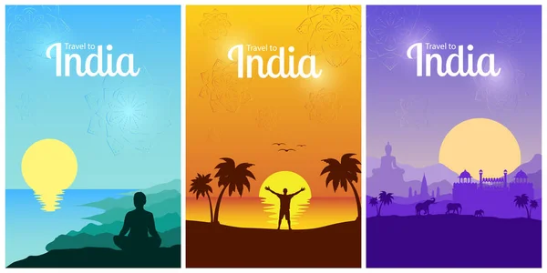 Voyage Delhi Inde Asie Montagne Coucher Soleil Mer Paysage Silhouettes — Image vectorielle