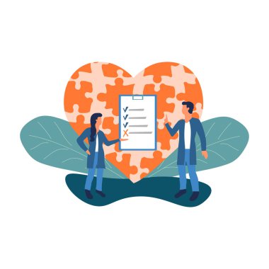 Kalp hastalığı konsepti. Panosu olan doktorlar metaforik bir kalp teşhisi koydular ve tıbbi kayıtlarda, geçmişinde ya da formunda işaretlediler. Sağlık kontrolleri ve hastalık tespitinin vektör illüstrasyonu.