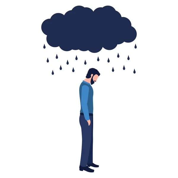 Isolated sad man under a cloud and rain on a white background. Concept of anxiety disorders, mental illness, stress and depression. Flat cartoon vector illustration of businessman standing, young man.