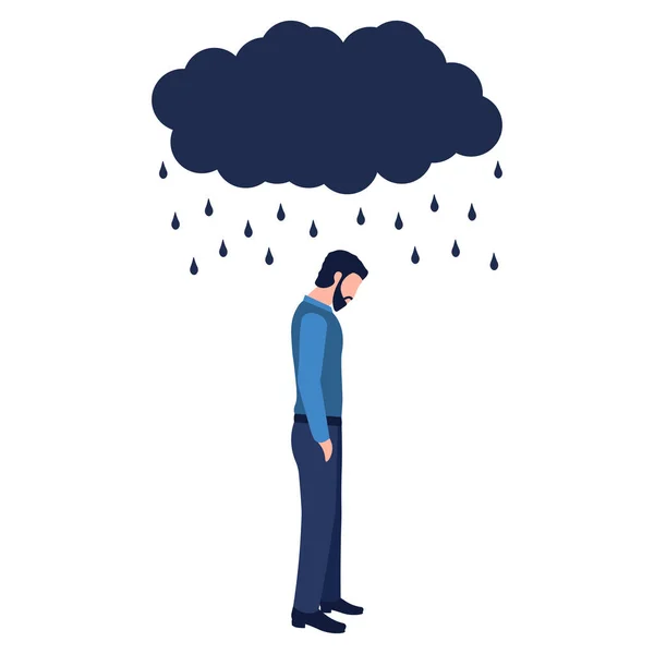 Isolated Sad Man Cloud Rain White Background Concept Anxiety Disorders — Stock Vector