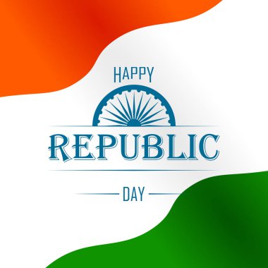 Hindistan bayrağının arka planında Mutlu Cumhuriyet Günleri yazılı kart. Rozet, afiş, poster, sosyal medya paylaşımı, broşür ve reklam satışları için vektör ilanı.