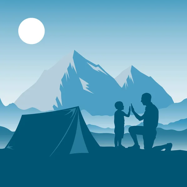 Family Camping Hiking Travel Silhouettes Father Son Give Five Background — Stock Vector