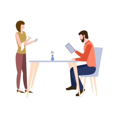 Kafe ya da restoranda sipariş verme kavramı. Adam bir menüyle masada oturuyor, garson bekliyor. İzole edilmiş insanlar ve beyaz arka planda mobilyalar. Hizmet ve personel temsilciliği.