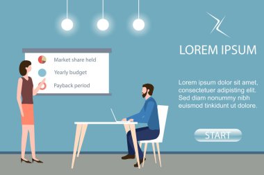 Sunum kavramı, online eğitim ve rapor. Bir kadın grafiklerle sunum tahtasında konuşuyor, bir erkek de elinde dizüstü bilgisayarla masada oturuyor. Bir web sitesi veya mobil uygulama için vektör şablonu.