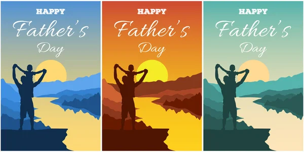 Fathers Day Vector Illustration Silhouettes Dad Children Give Five Backdrop — Stock Vector