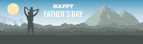 Father Day Panoramic Banner Mountain Landscape Silhouette Dad Son Poster — Stock Vector