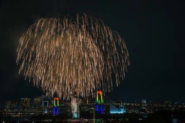 Tokyo gece görüşü ve havai fişekler (Odaiba Gökkuşağı Havai fişekleri 2019)