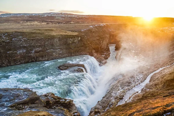 Vodopád Východ Slunce Islandu Gullfoss — Stock fotografie