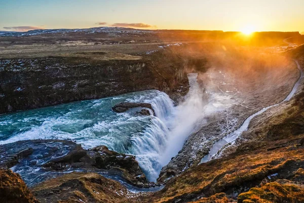 Vodopád Východ Slunce Islandu Gullfoss — Stock fotografie