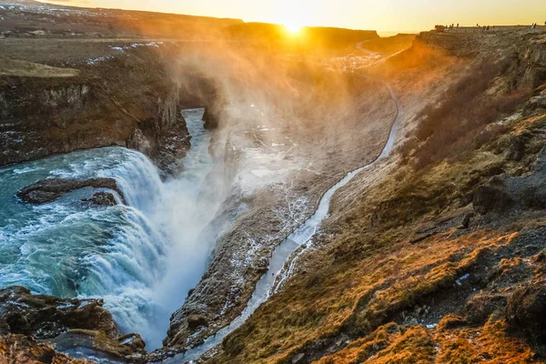 Wodospad Wschód Słońca Islandii Gullfoss — Zdjęcie stockowe