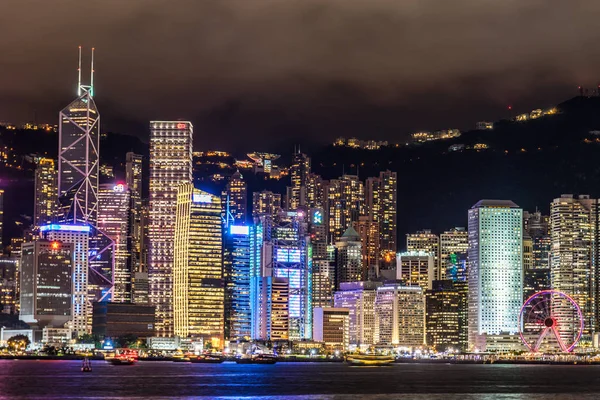 Hong Kong Éjszakai Kilátás Victoria Kikötő — Stock Fotó
