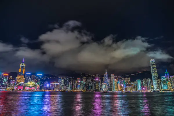 Hong Kong Éjszakai Kilátás Victoria Kikötő — Stock Fotó